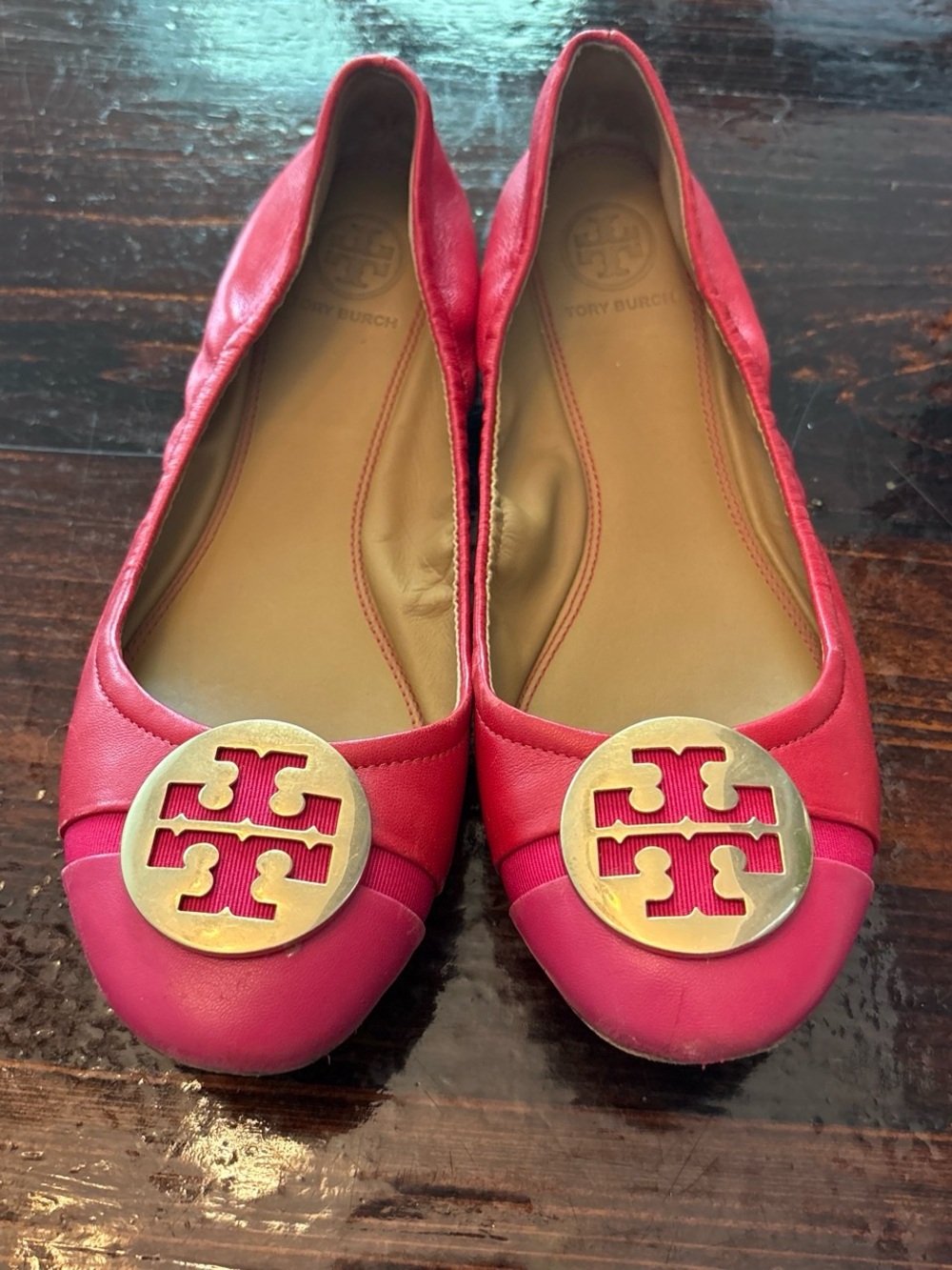 Tory Burch Hot Red Leather Logo Ballet Flats